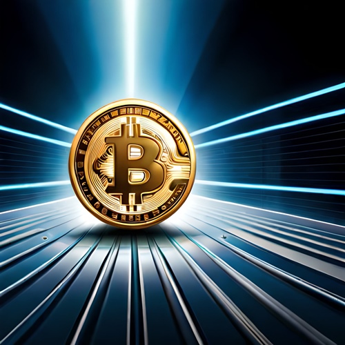 Una moneta bitcoin in un fascio di luce blu