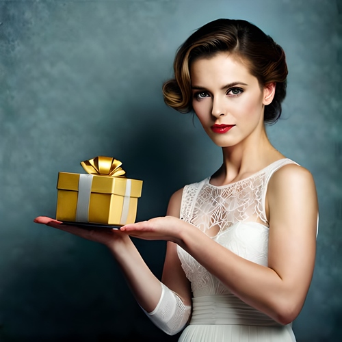 Una donna con un regalo d'oro in mano